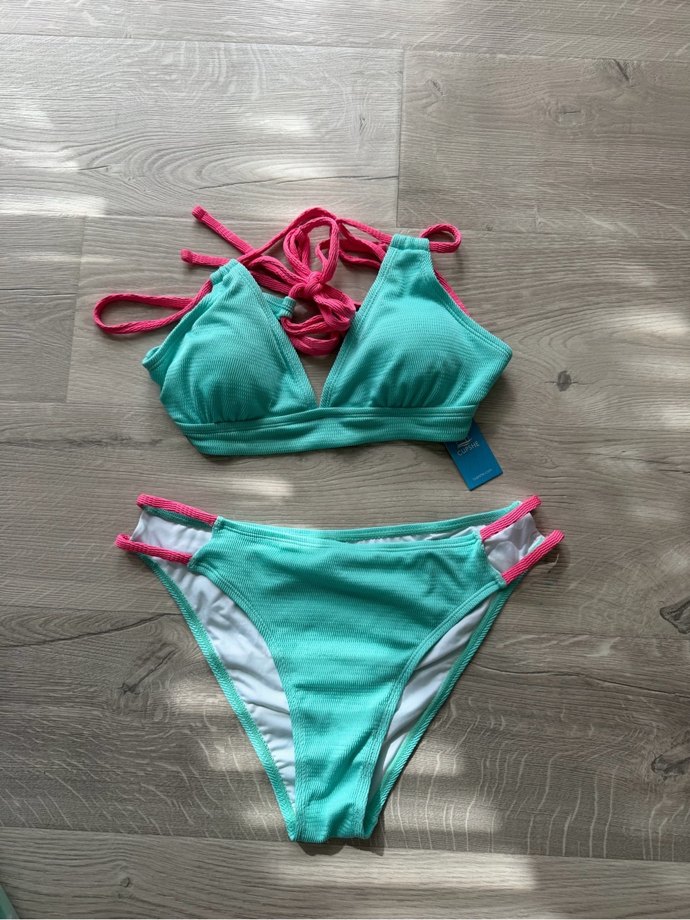 Cupshe Women’s Two-Tone Aqua & Pink Strappy Bikini - Picture 2 of 2